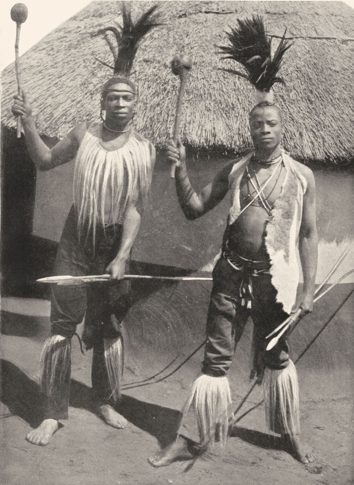 SOUTH AFRICA. Basuto warriors in war dress;  1900 old antique print picture